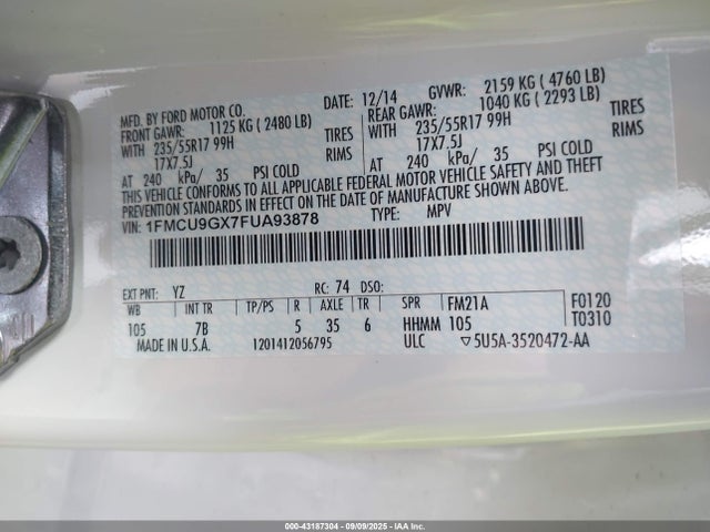 1FMCU9GX7FUA93878 Ford Escape