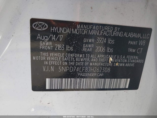 5NPD74LF8JH262308 Hyundai mpi nu