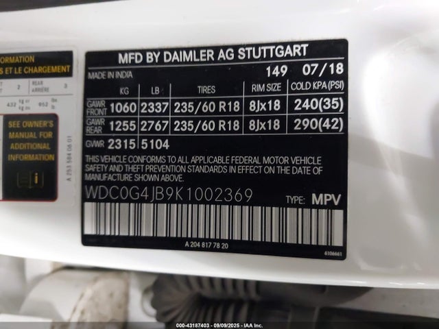 WDC0G4JB9K1002369 Mercedes-Benz m274