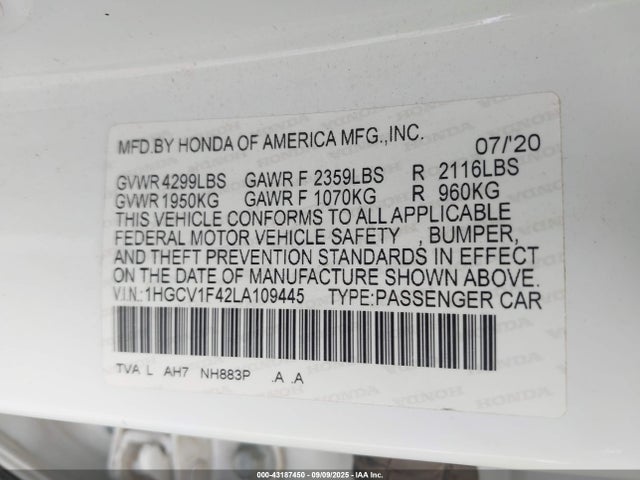 1HGCV1F42LA109445 Honda l15be