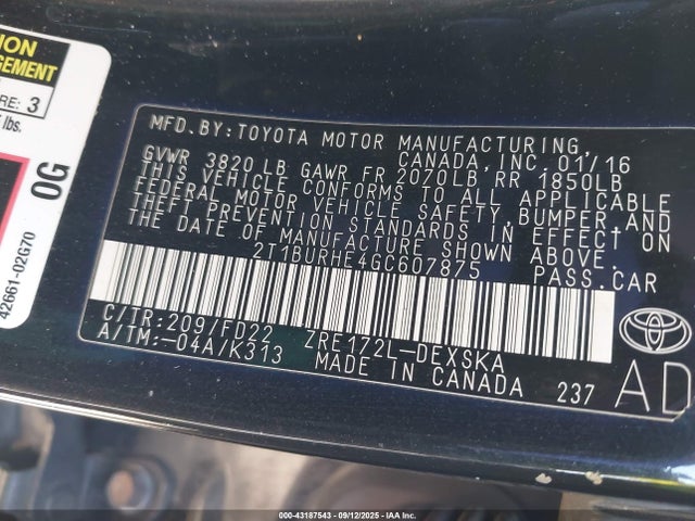 Toyota 2zr-fe 2016 2T1BURHE4GC607875 Image 9