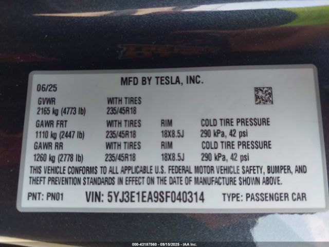 2025 TESLA MODEL 3 5YJ3E1EA9SF040314 Photo 8