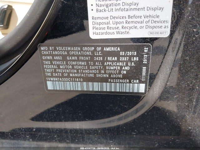 Aukcja sprzedaży 2013 Volkswagen Passat 2.0l Tdi Se, vin: 1VWBN7A33DC111610, numer aukcji: 43187726