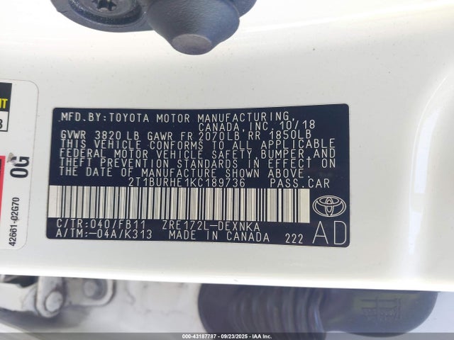 Toyota 2zr-fe 2019 2T1BURHE1KC189736 Image 9