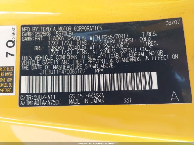 2007 TOYOTA FJ CRUISER JTEBU11F470085162 Photo 8