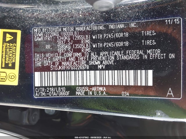 5TDJKRFH7GS226978 Toyota 2gr-fe