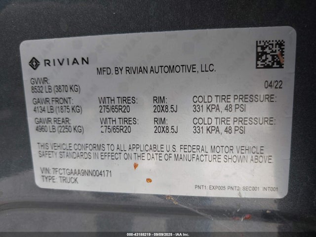 Rivian r1t 2022 7FCTGAAA9NN004171 Image 9