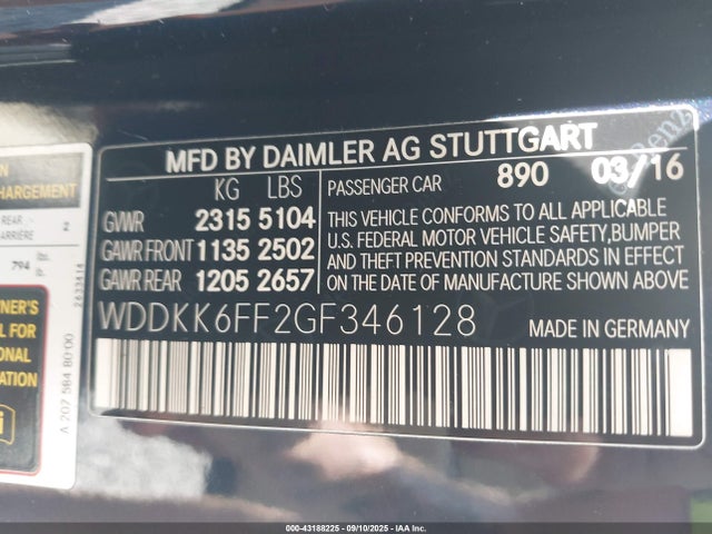 Aukcja sprzedaży 2016 Mercedes-benz E 400, vin: WDDKK6FF2GF346128, numer aukcji: 43188225