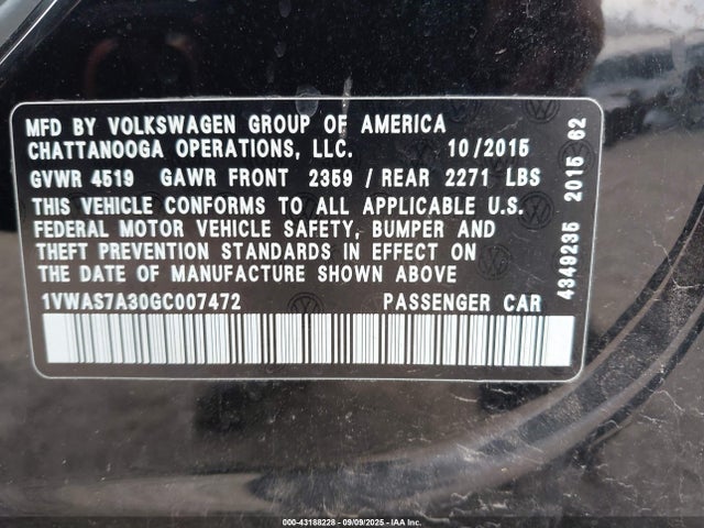 1VWAS7A30GC007472 Volkswagen Passat 1.8t S