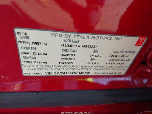 5YJSA1E4XGF142732 Tesla MODEL S