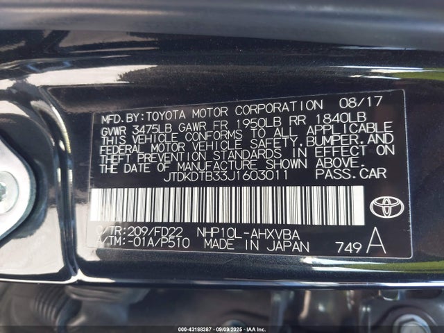 JTDKDTB33J1603011 Toyota 1nz-fxe+1lm