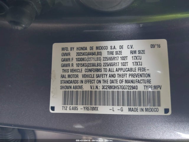 3CZRM3H57GG722840 Honda k24w9/k24v1