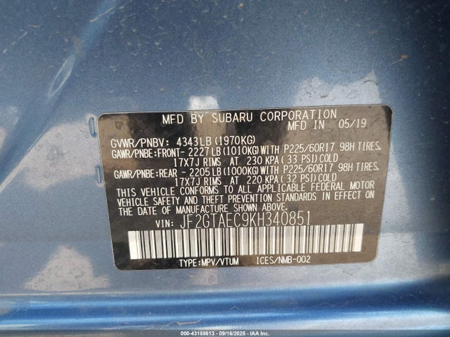 Subaru naturally aspirated 2019 JF2GTAEC9KH340851 Image 9