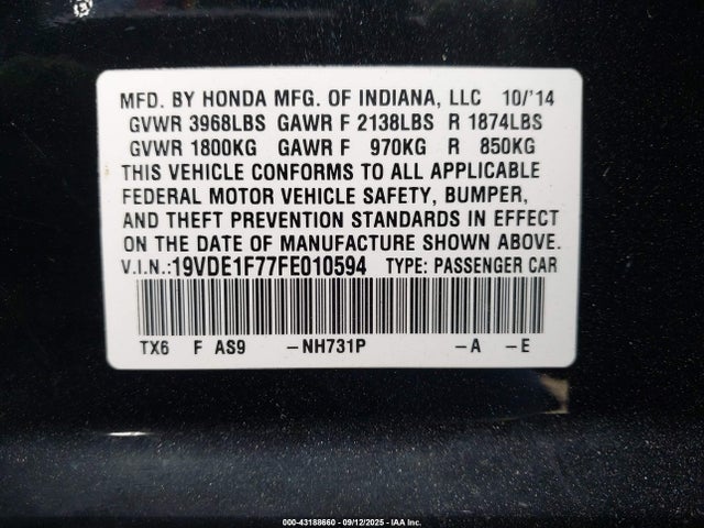 Acura r20a5 2015 19VDE1F77FE010594 Image 9