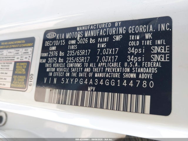 5XYPG4A34GG144780 KIA dohc gdi theta ii