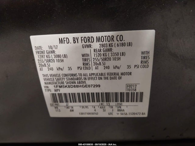Ford 3.5l ti-vct 2017 1FM5K8D88HGE07299 Image 9