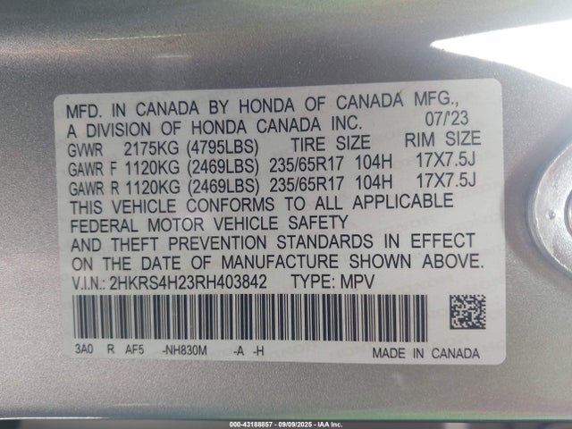 2HKRS4H23RH403842 Honda l15be