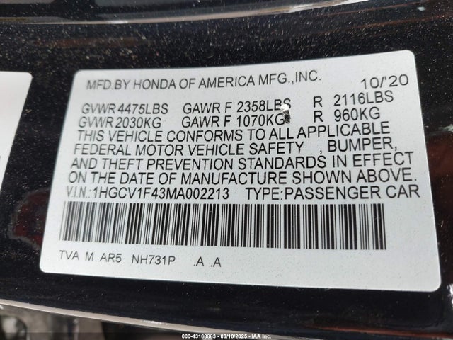 1HGCV1F43MA002213 Honda l15be