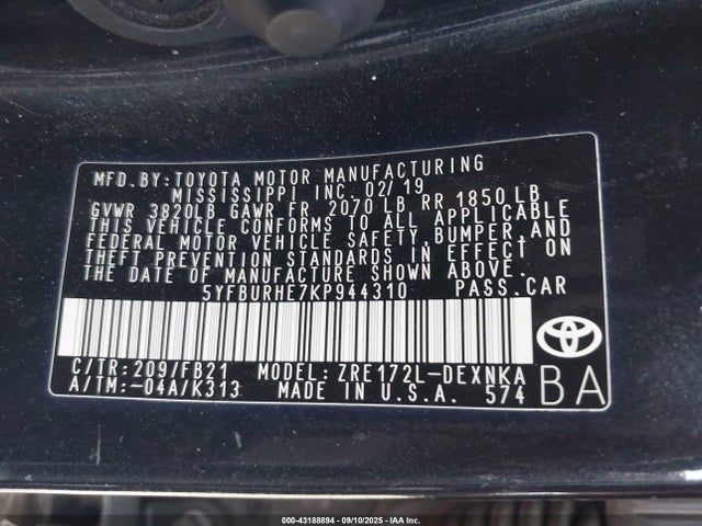 5YFBURHE7KP944310 Toyota 2zr-fe