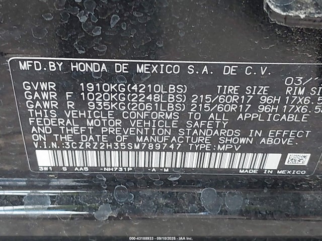 3CZRZ2H35SM789747 Honda k20z5