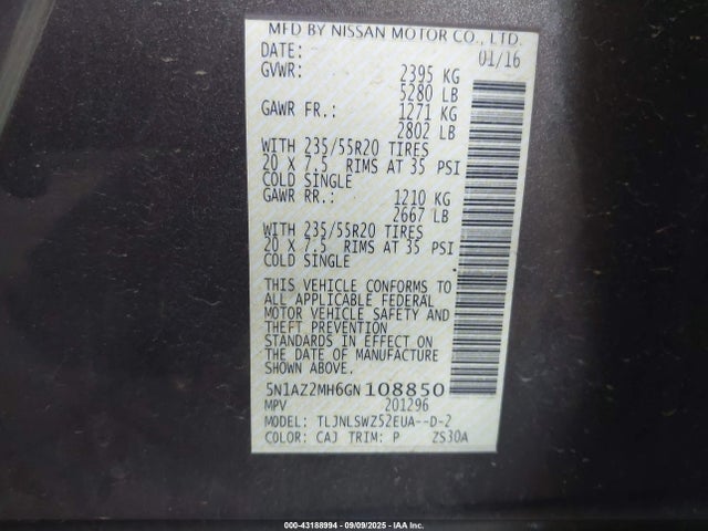 5N1AZ2MH6GN108850 Nissan Murano Platinum