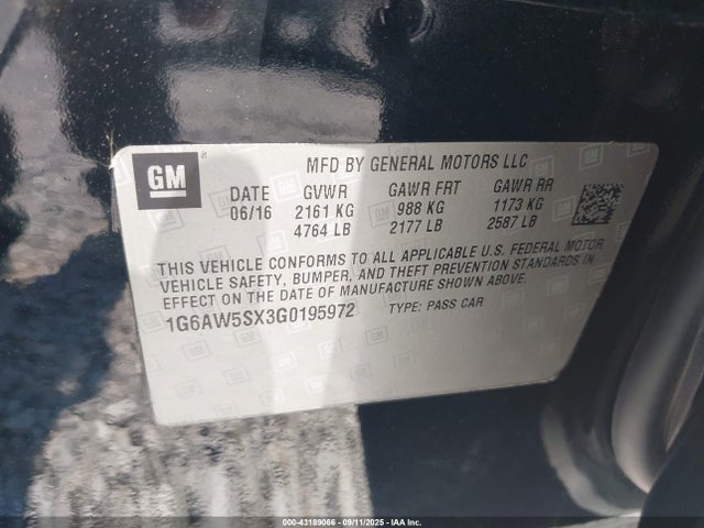 2016 Cadillac Cts Standard მანქანა იყიდება აუქციონზე, vin: 1G6AW5SX3G0195972, აუქციონის ნომერი: 43189066