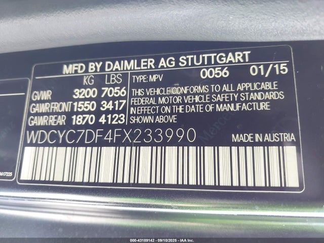 Mercedes-Benz 2015 2015 WDCYC7DF4FX233990 Image 9
