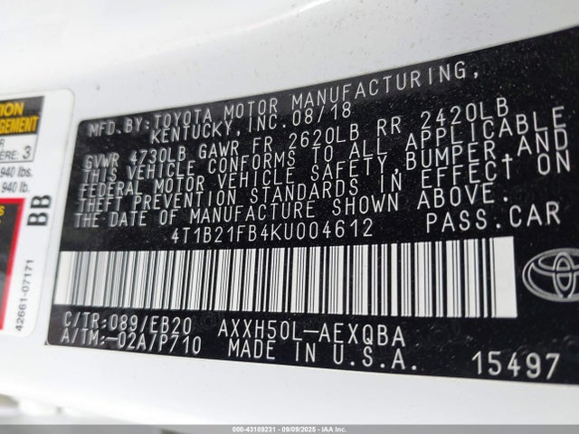 Toyota a25a-fxs, 3nm 2019 4T1B21FB4KU004612 Image 9