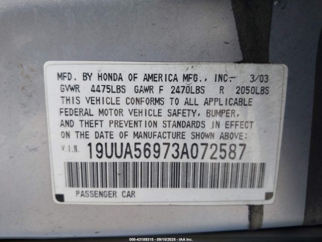 2003 ACURA TL 19UUA56973A072587 Photo 8