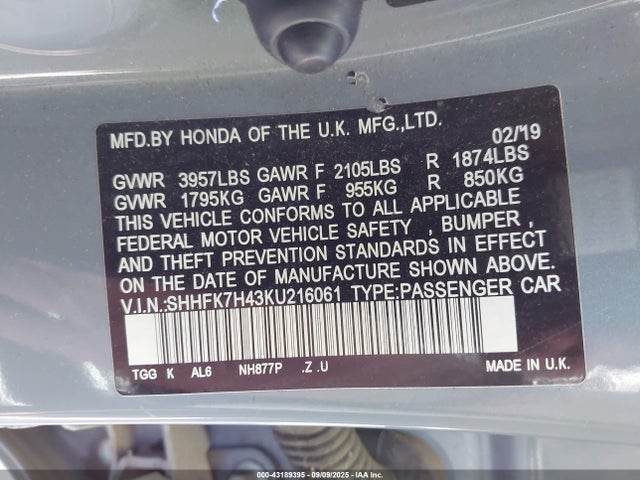 SHHFK7H43KU216061 Honda l15ba