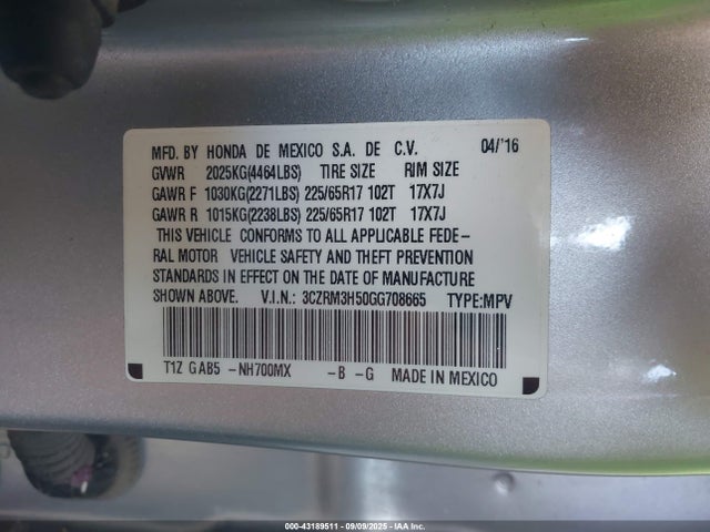 3CZRM3H50GG708665 Honda k24w9/k24v1