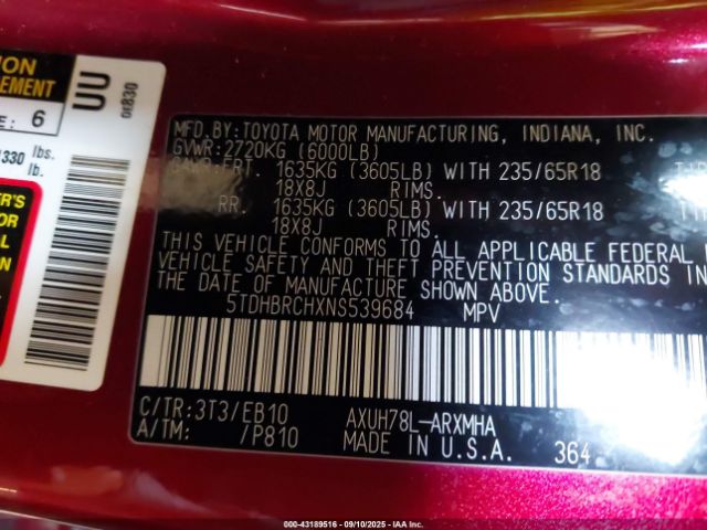 2022 TOYOTA HIGHLANDER 5TDHBRCHXNS539684 Photo 8