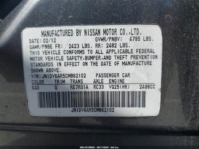 Продаж на аукціоні авто 2012 Infiniti G25x, vin: JN1DV6AR5CM862102, номер лоту: 43189582