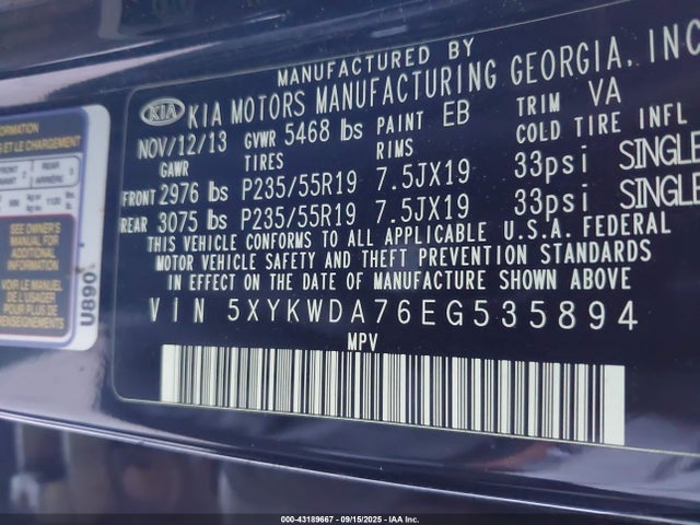 5XYKWDA76EG535894 KIA gasoline 3.3 v6 gdi lambda ii