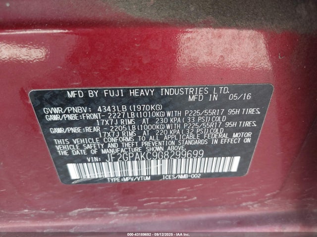 Subaru naturally aspirated 2016 JF2GPAKC9G8299699 Image 9