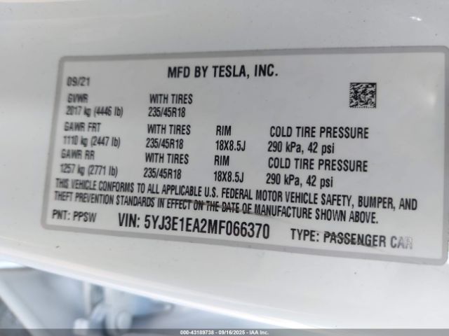 2021 TESLA MODEL 3 5YJ3E1EA2MF066370 Photo 8