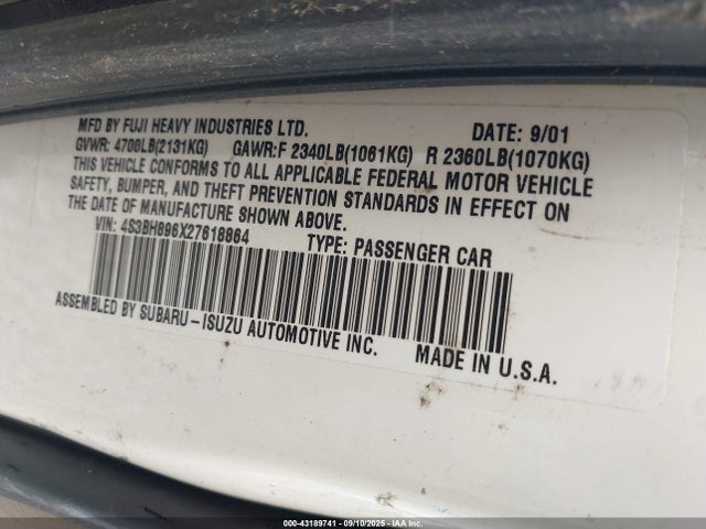 Aukcja sprzedaży 2002 Subaru Outback H6-3.0 Vdc, vin: 4S3BH896X27618864, numer aukcji: 43189741
