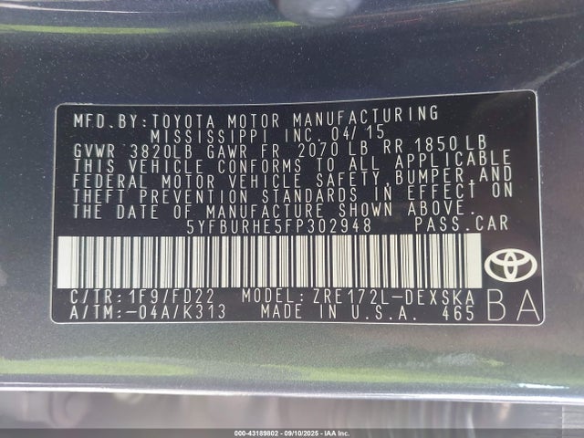 5YFBURHE5FP302948 Toyota 2zr-fe