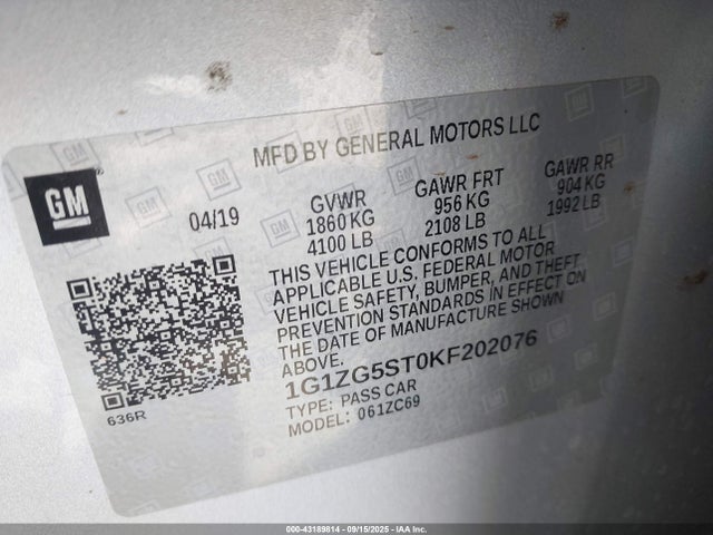 Chevrolet lfv - direct injection, variable valve timing, gen 1 2019 1G1ZG5ST0KF202076 Image 9