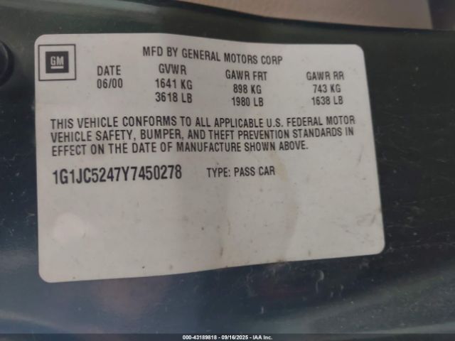 2000 CHEVROLET CAVALIER 1G1JC5247Y7450278 Photo 8