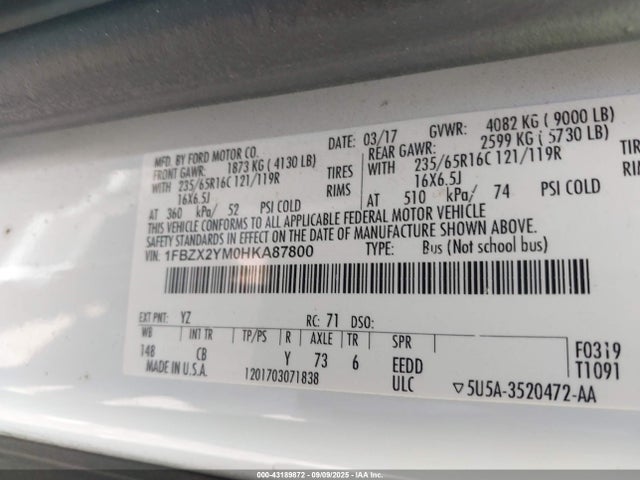 1FBZX2YM0HKA87800 Ford Transit