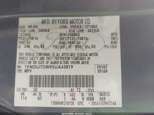 Продажа на аукционе авто 2005 Ford Explorer Xlt/xlt Sport, vin: 1FMDU73W95UA45819, номер лота: 43189909