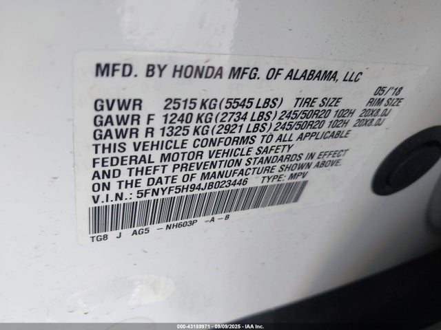 Honda j35y6 2018 5FNYF5H94JB023446 Image 9