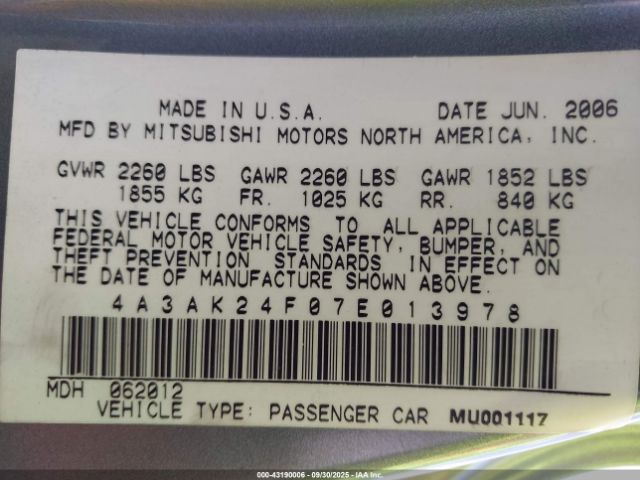 2007 MITSUBISHI ECLIPSE 4A3AK24F07E013978 Photo 8