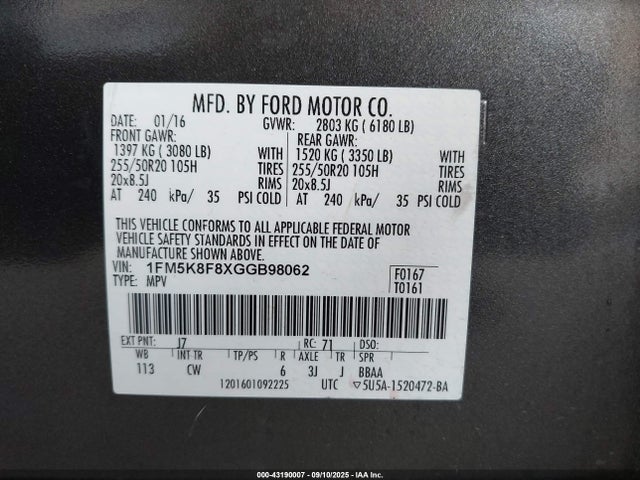 1FM5K8F8XGGB98062 Ford Explorer
