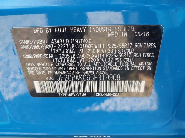 Subaru naturally aspirated 2016 JF2GPAKC6GH319908 Image 9