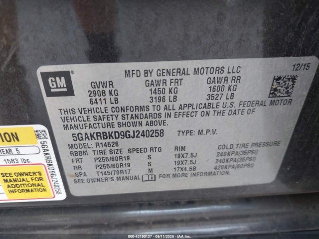 5GAKRBKD9GJ240258 Buick llt - sidi, alum, 60 degrees