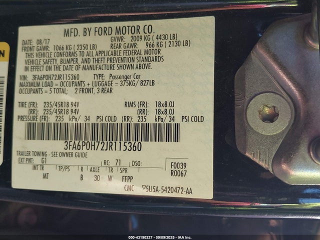 Ford Fusion 2018 3FA6P0H72JR115360 Image 9