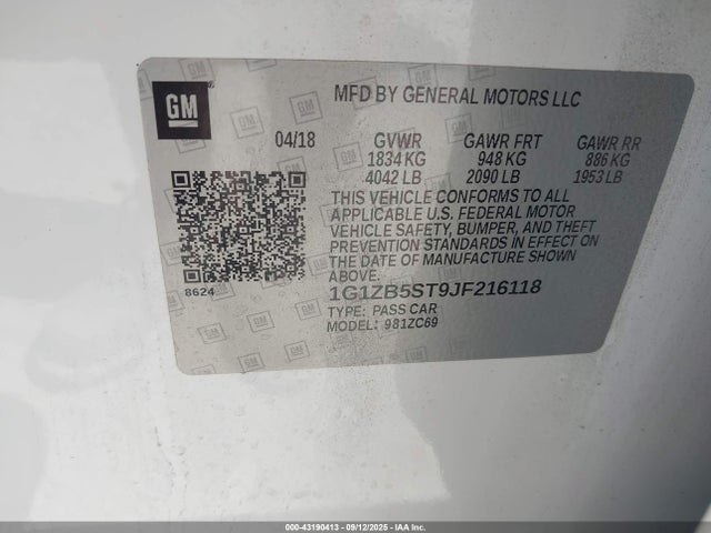 43190413 :رقم المزاد ، 1G1ZB5ST9JF216118 vin ، 2018 Chevrolet Malibu 1ls مزاد بيع