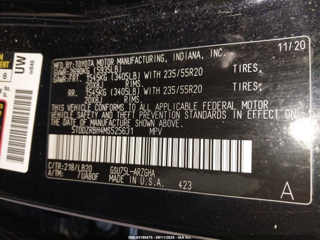 Toyota 2gr-fks 2021 5TDDZRBH4MS525631 Image 9